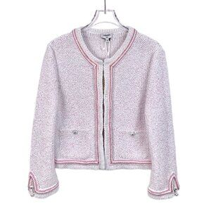 Chanel White & Pink Sequin-Embellished Knit Cardigan Jacket With Button Details